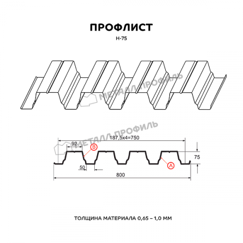 Профлист МЕТАЛЛ ПРОФИЛЬ Н-75x750-A (ПЭ-01-9003-0,7)